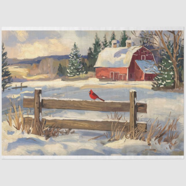 Rustic Red Barn Cardinal Bird Farmhouse Decoupage Tissue Paper (Front)