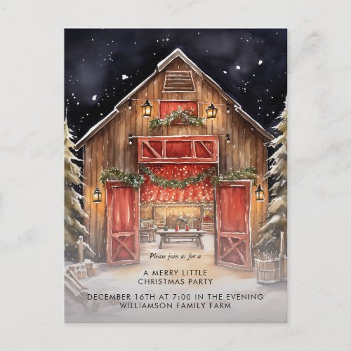 Rustic Red Barn Country Christmas Party  Announcement Postcard