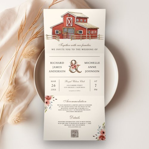 Rustic Red Barn Country Farm QR Code Wedding Tri_Fold Invitation