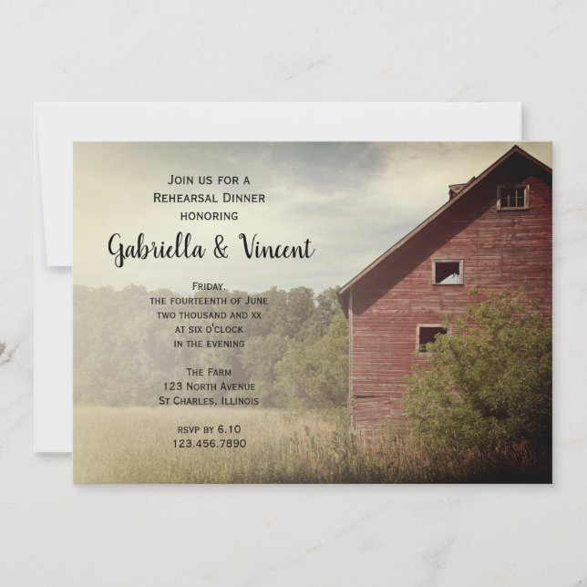 Rustic Red Barn Country Wedding Rehearsal Dinner Invitation (Front)