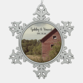 Rustic Red Barn Country Wedding Snowflake Pewter Christmas Ornament