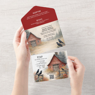 Rustic Red Barn, Crows, Farmstead Rural Wedding All In One Invitation