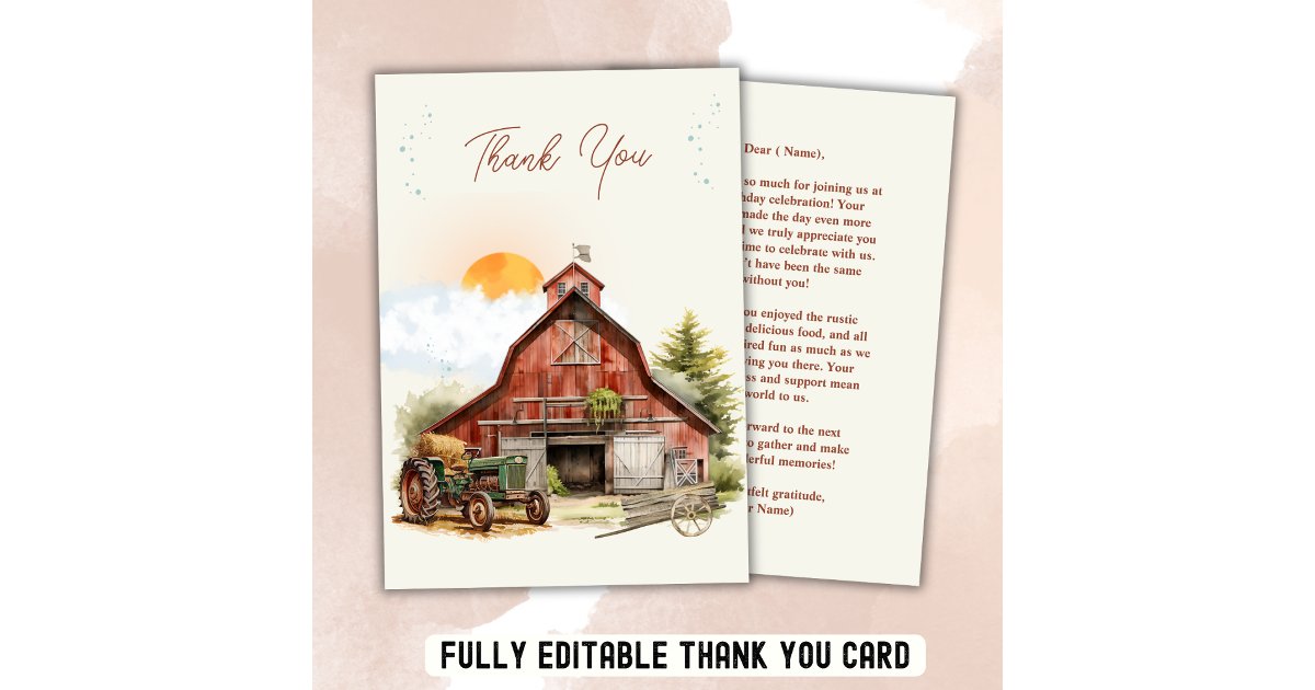 Rustic Red Barn Farm Birthday Tractor Party Thank You Card | Zazzle