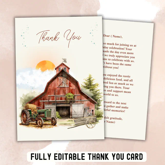 Rustic Red Barn Farm Birthday Tractor Party Thank You Card | Zazzle
