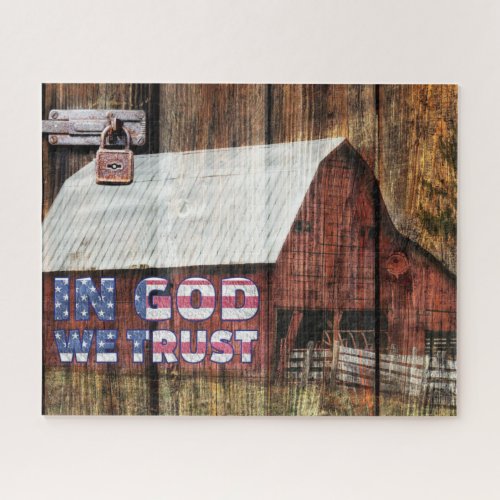 Rustic Red Barn In God We Trust Jigsaw Puzzle