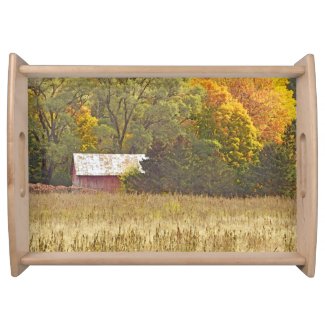 Rustic Red  Barn, Rural Countryside, Autumn Colors Serving Tray