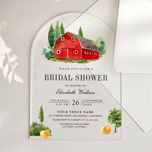 Rustic Red Barn Rural Farm Bridal Shower Acrylic Invitations (Creator Uploaded)