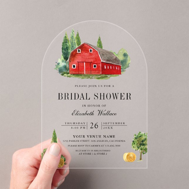 Rustic Red Barn Rural Farm Bridal Shower Acrylic Invitations (Insitu (Handheld))