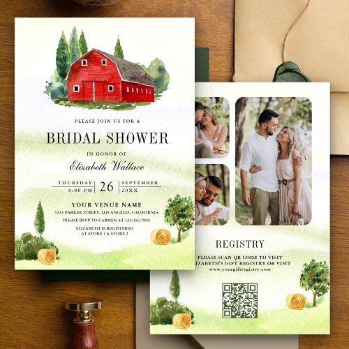 Rustic Red Barn Rural Farm Photo Bridal Shower Invitation