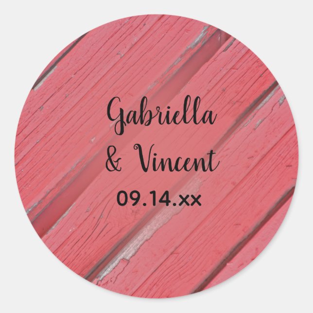 Rustic Red Barn Wood Country Wedding Classic Round Sticker (Front)
