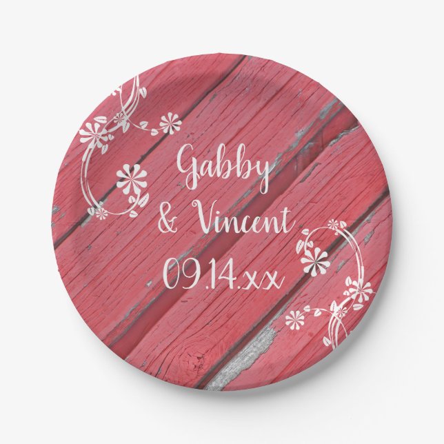 Rustic Red Barn Wood Country Wedding Paper Plates (Front)