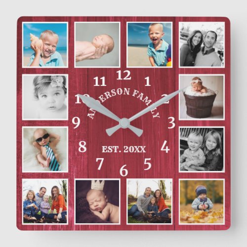 Rustic Red Barn Wood Farmhouse 12 Photo Collage Square Wall Clock