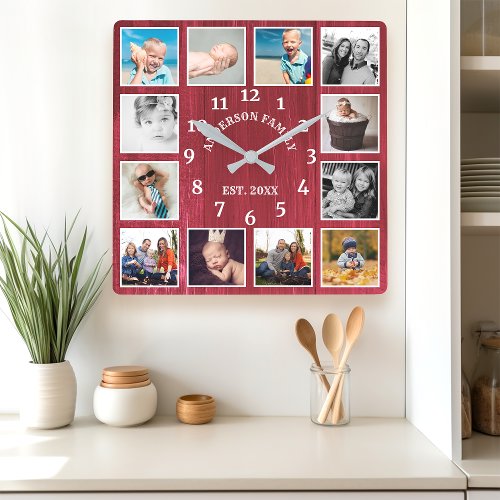 Rustic Red Barn Wood Farmhouse 12 Photo Collage Square Wall Clock