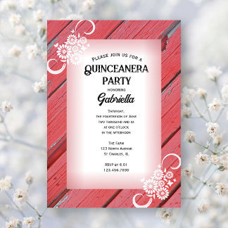 Rustic Red Barn Wood Floral Farm Quinceanera Party Invitation