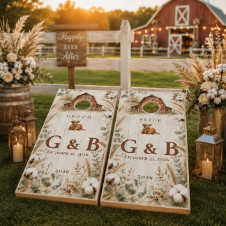 Rustic Red Barn Wood Highland Cow Personalized Cornhole Set