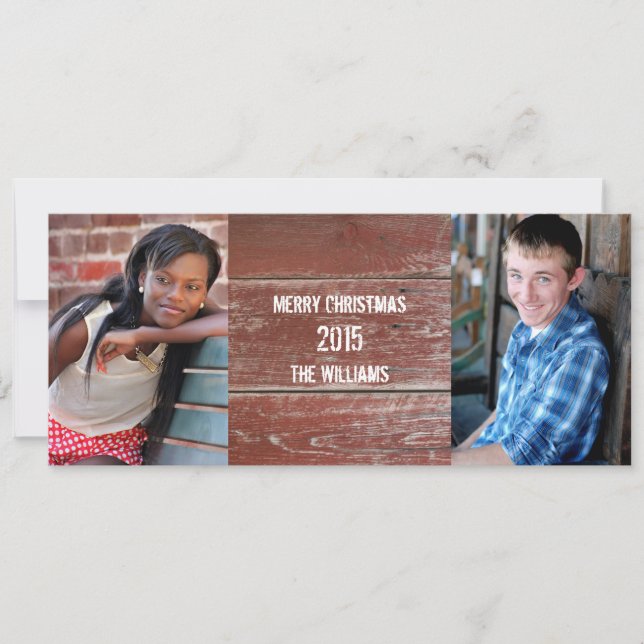 Rustic Red Barn Wood Two Photo Holiday Greeting Card (Front)