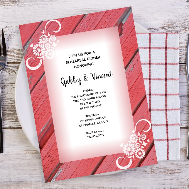 Rustic Red Barn Wood White Flower Rehearsal Dinner Invitation (Creator Uploaded)