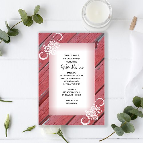 Rustic Red Barn Wood White Flowers Bridal Shower Invitation