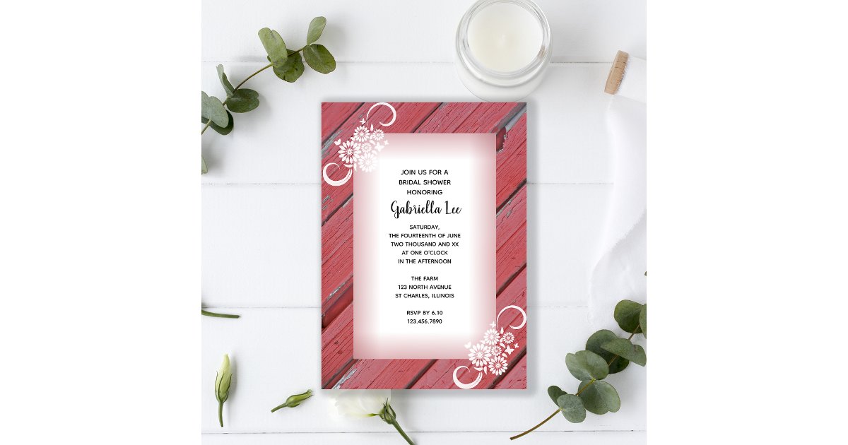 Rustic Red Barn Wood White Flowers Bridal Shower Invitation | Zazzle