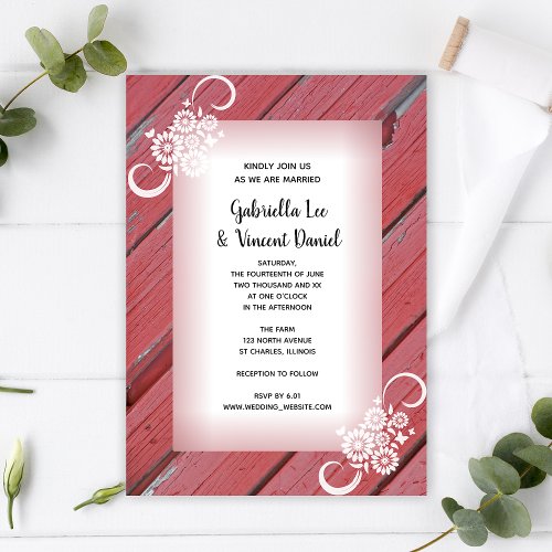 Rustic Red Barn Wood White Flowers Country Wedding Invitation