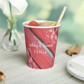 Rustic Red Barn Wood White Flowers Country Wedding Paper Cups