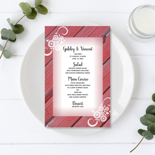 Rustic Red Barn Wood White Flowers Wedding Menu