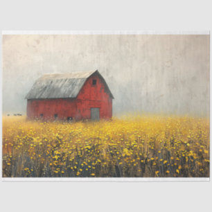 Rustic Red Barn Yellow Flowers Painting Decoupage Tissue Paper