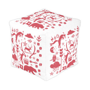 Rustic Red Bear Fox Deer Vintage Modern Pattern Pouf