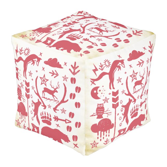 Rustic Red Bear Fox Deer Vintage Pattern Pouf (Angled Front)
