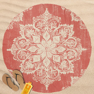 Rustic Red Beige Floral Pattern Beach Towel