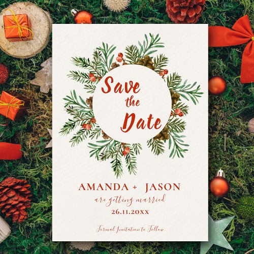 Rustic Red Berries Christmas Wedding Save the Date Postcard