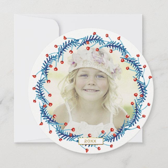 Rustic Red Berry Christmas Wreath Holiday Photo (Front)