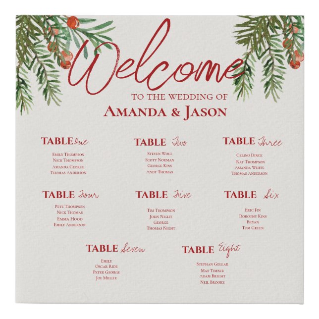 "Rustic Red Berry Pine Winter Wedding Seating Faux Canvas Print (Front)