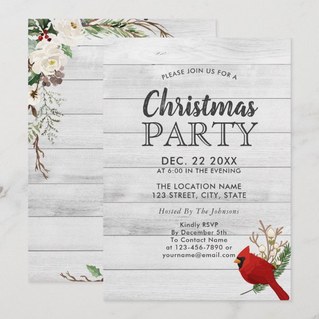 Rustic Red Bird Holly Wood Holiday Party Invitation (Front/Back)