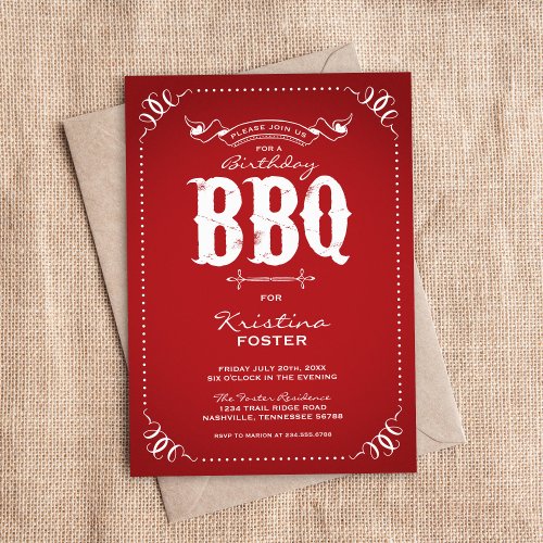 Rustic Red Birthday Party BBQ Invitation