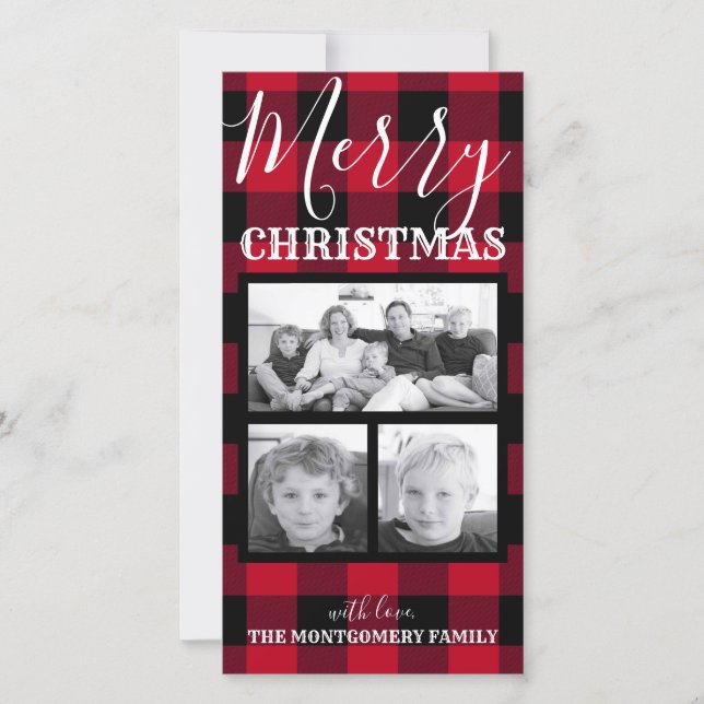 Rustic Red Black Buffalo Check Christmas 3 Photos Holiday Card (Front)