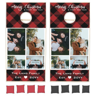 Rustic Red Black Buffalo Check Christmas Collage Cornhole Set