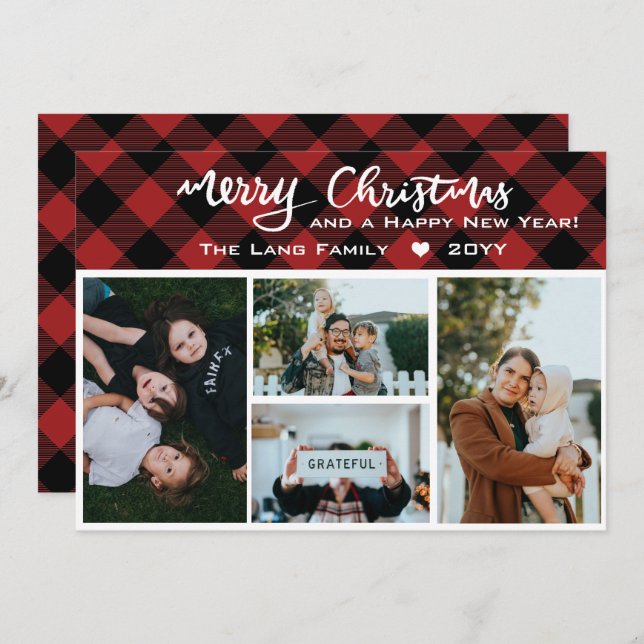 Rustic Red Black Buffalo Check Christmas Collage Holiday Card (Front/Back)