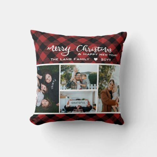 Rustic Red Black Buffalo Check Christmas Collage Throw Pillow