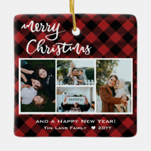 Rustic Red Black Buffalo Check Merry Christmas Ceramic Ornament