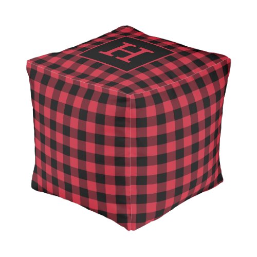 Rustic Red Black Buffalo Check Pattern Monogram Pouf