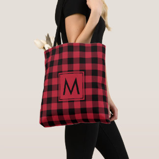 Rustic Red Black Buffalo Check Pattern Monogram Tote Bag