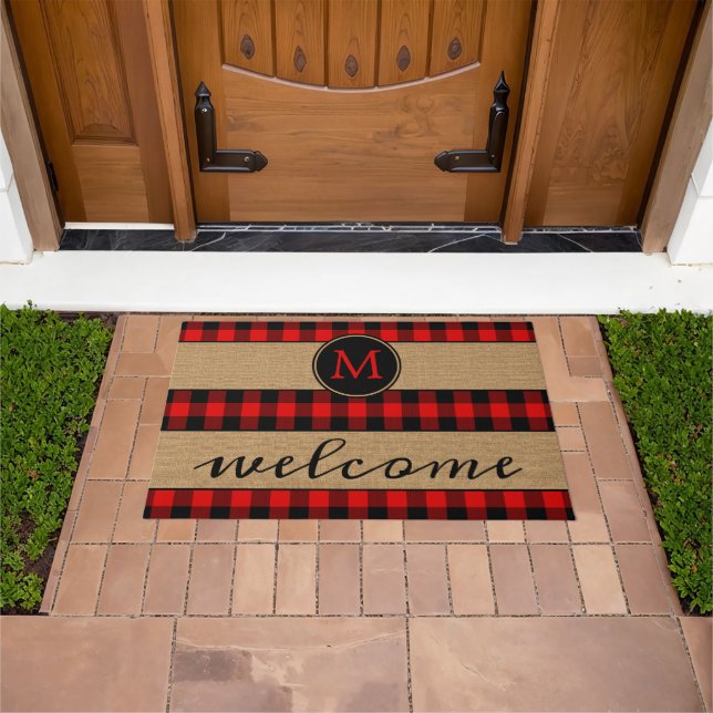 Rustic Red Black Buffalo Check Plaid Pattern Doormat (Outdoor)