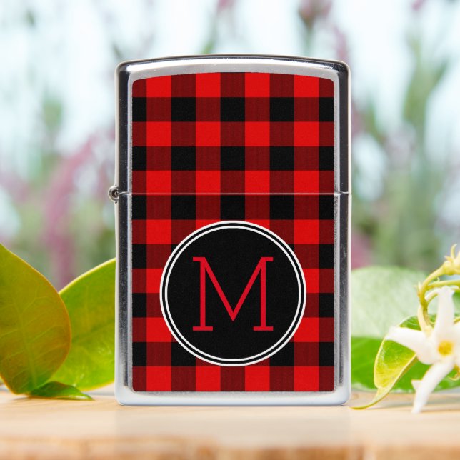 Rustic Red Black Buffalo Lumberjack Check Plaid Zippo Lighter (On Table)