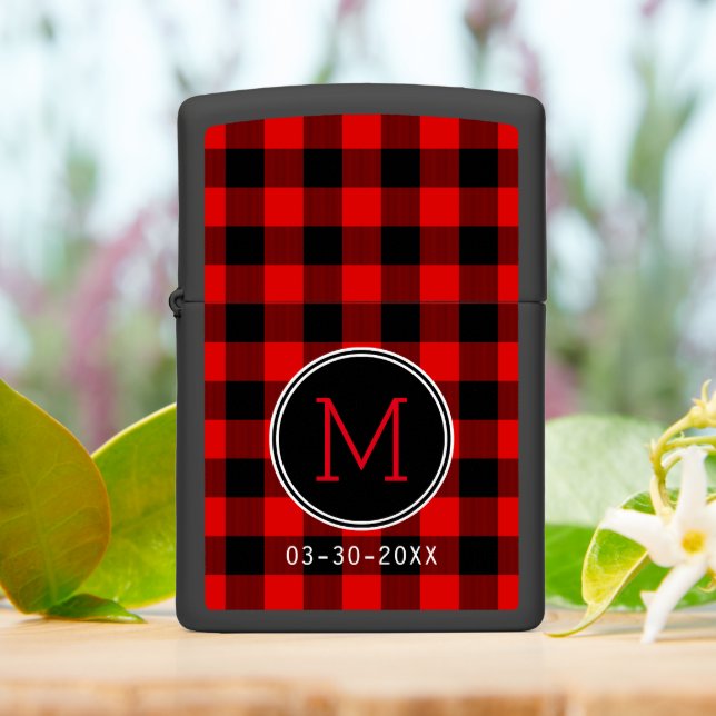 Rustic Red Black Buffalo Lumberjack Check Plaid Zippo Lighter (On Table)