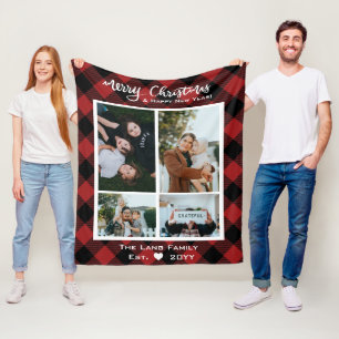 Rustic Red Black Buffalo Merry Christmas Photo Fleece Blanket
