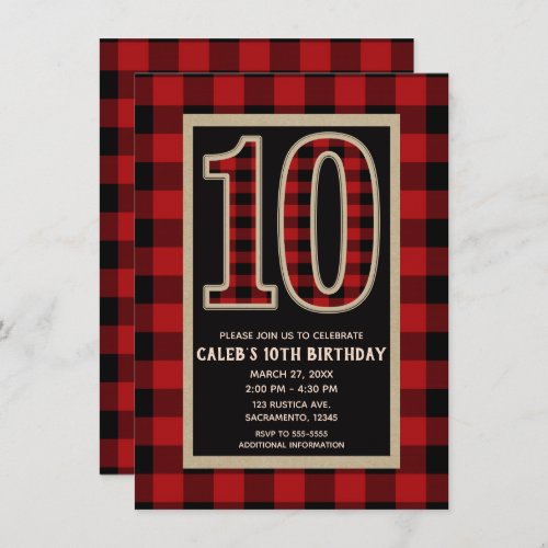 Rustic Red Black Buffalo Plaid 10th Birthday Party Invitation