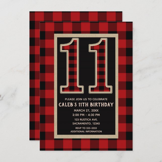 Rustic Red Black Buffalo Plaid 11th 11 Birthday Invitation (Front/Back)