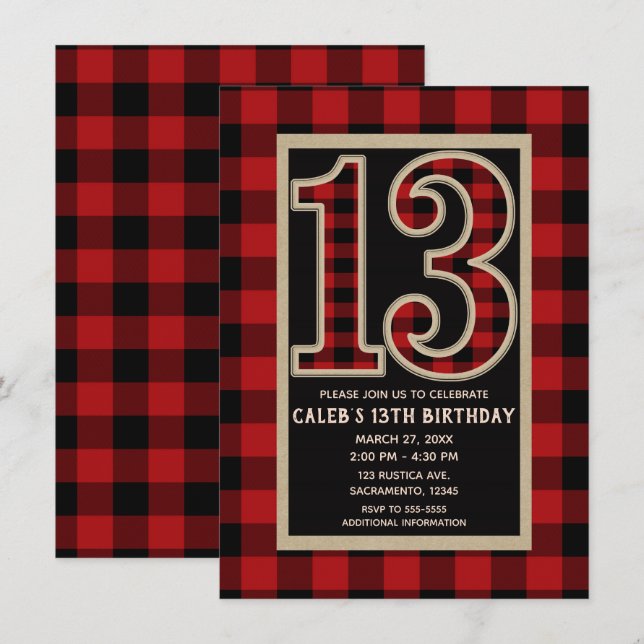Rustic Red Black Buffalo Plaid 13th 13 Birthday Invitation (Front/Back)