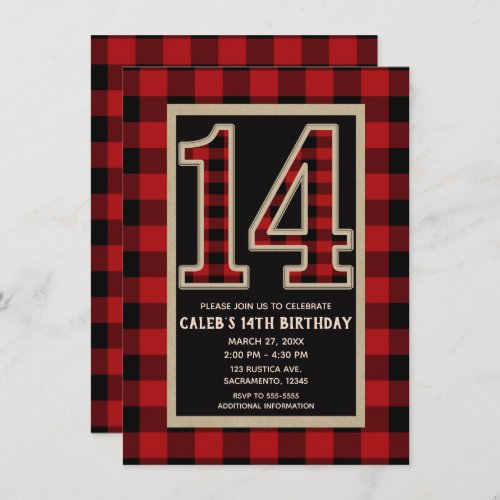 Rustic Red Black Buffalo Plaid 14th 14 Birthday Invitation